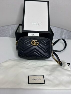 Gucci GG Marmont Mini Camera Bag Black Matelassé Leather Box Dust Bag